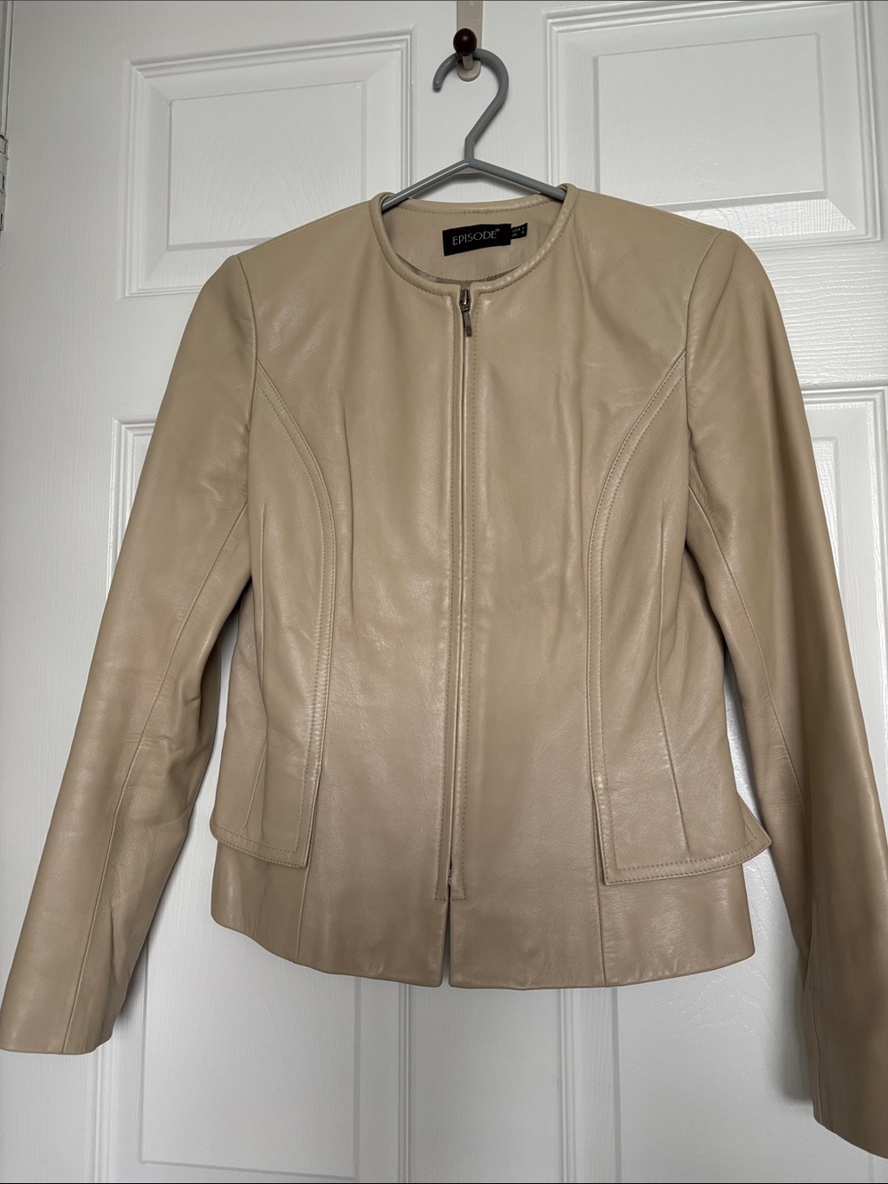 Women's Beige Leather Zip-Front Jacket
